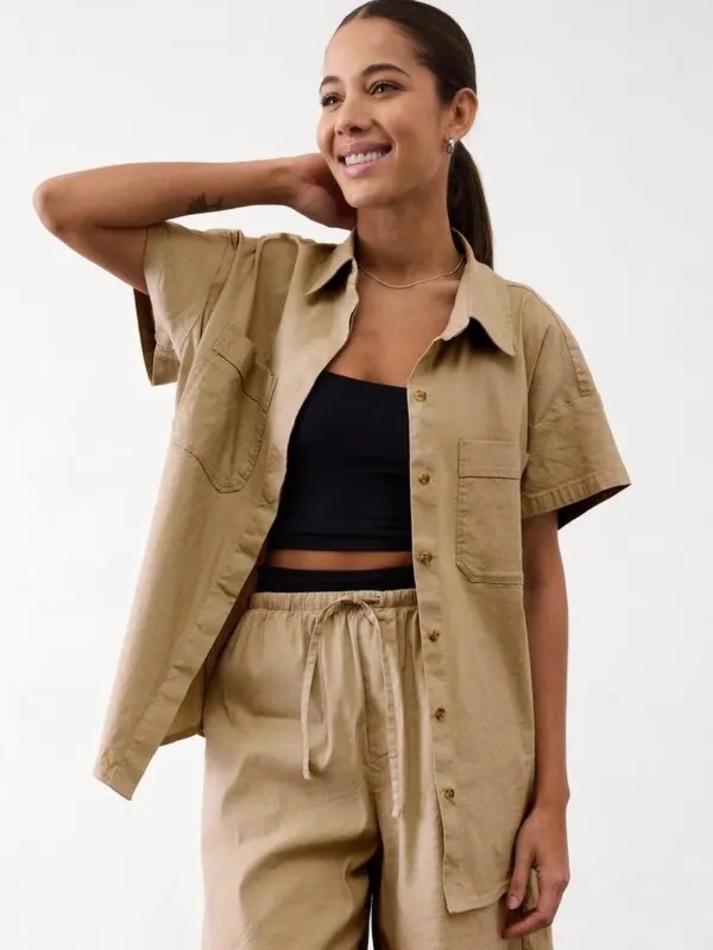 Athleta Paradise Oversized Short Sleeve Top Tan Linen Blend
